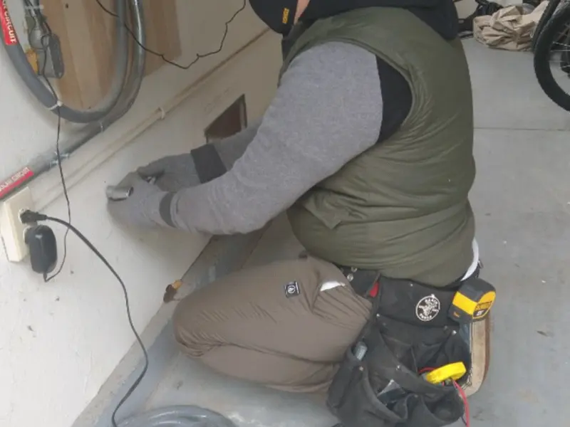 Electrician performing outlet wiring in a Idaho Falls garage